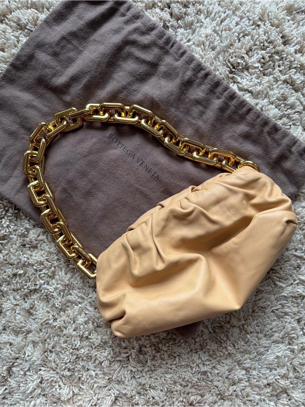 Bottega Veneta Beige Leather Pouch with Gold Chain Shoulder Strap
